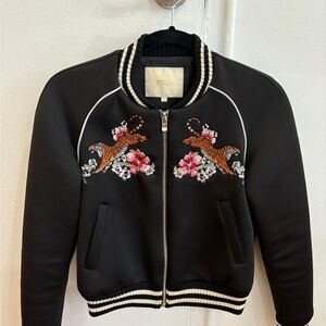 Maje Black Cropped Bomber Jacket with Embroidered Tigers and Pink Floral Accents